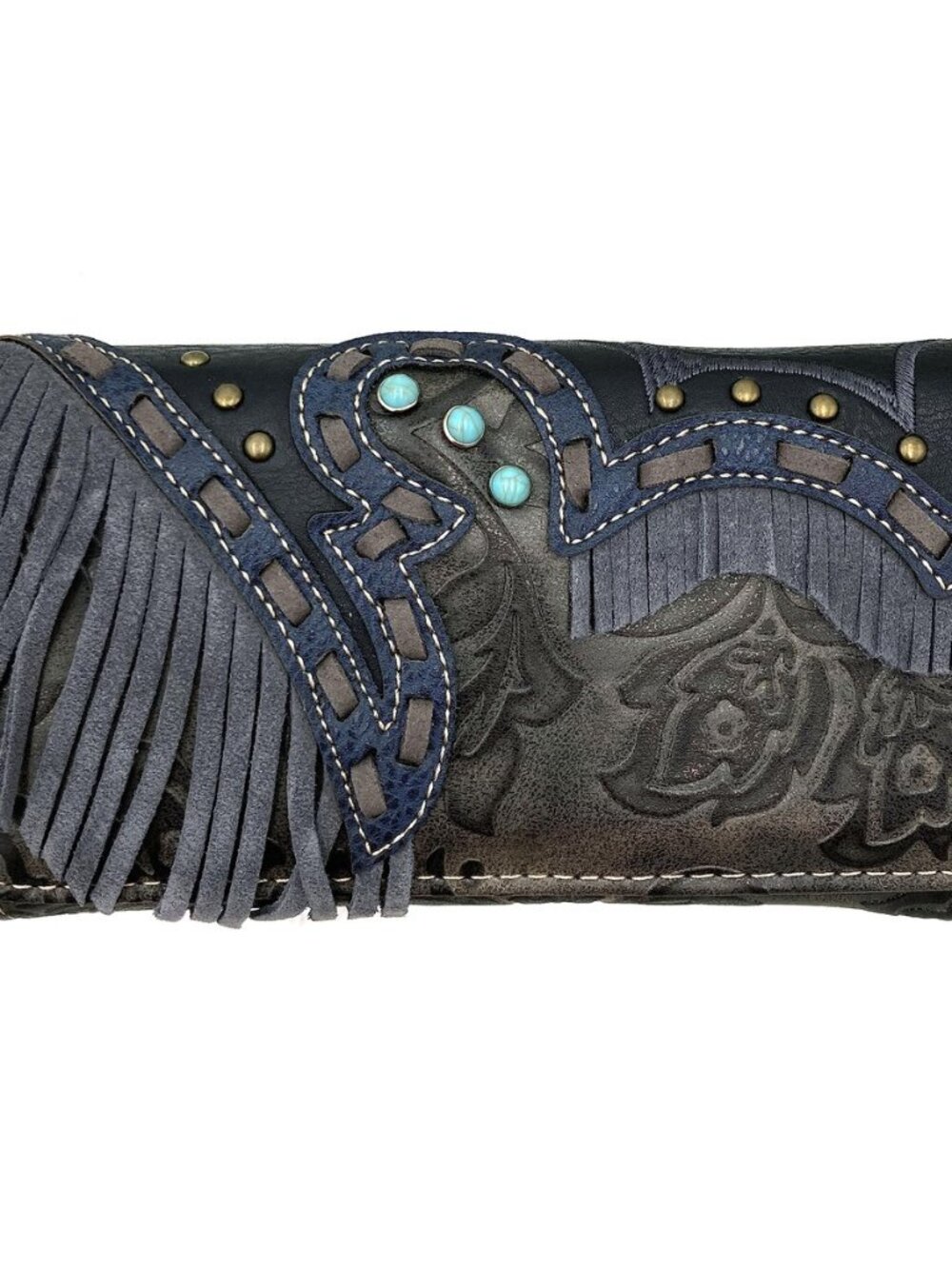 Women Crossbody Wallet Turquoise Concho Suede Fringe Two Tone Cowgirl Trifold